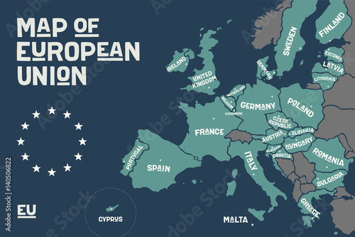 Poster map of the European Union with country names and capitals. Print map of EU for web and polygraphy, on business, economic, political, Brexit and geography themes. Vector Illustration