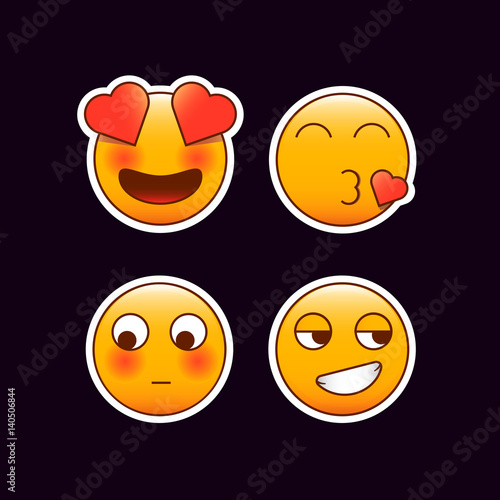 Set of Romantic emoji stickers. In love, Heart shaped kiss, shy, flirty smile emoticons. Editable vectors