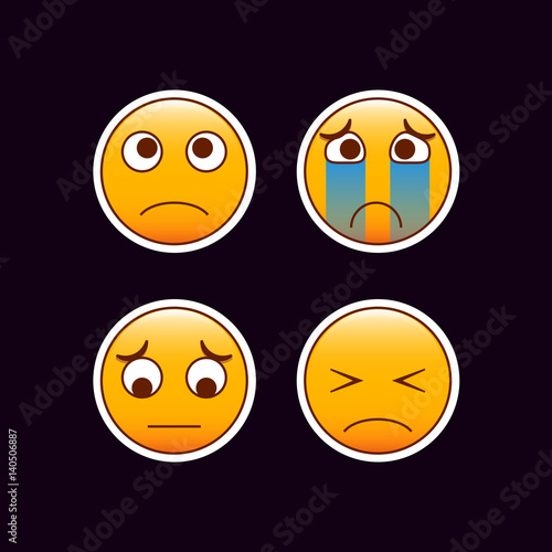 Set of emoticon stickers. Sad mood emojis. Editable vector smileys