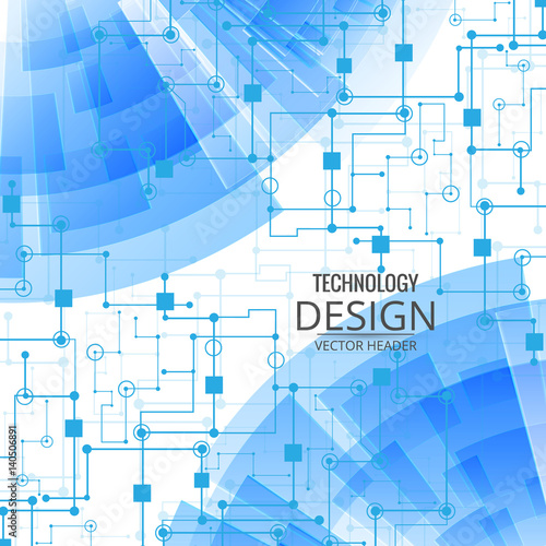 Technological background with blue transparent geometric shapes, lines and dots