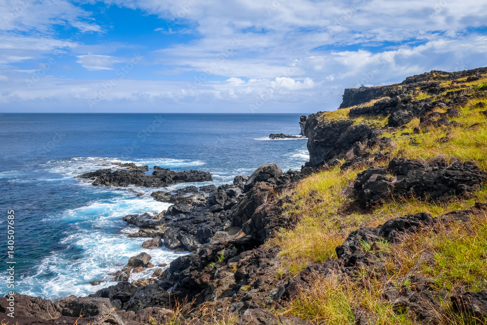 Easter island cliffs and pacific ocean landscape
