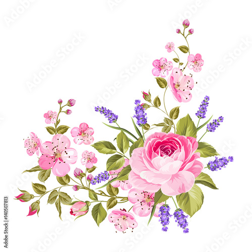 Fényképezés Blooming spring flowers garland of purple roses, sakura and lavender