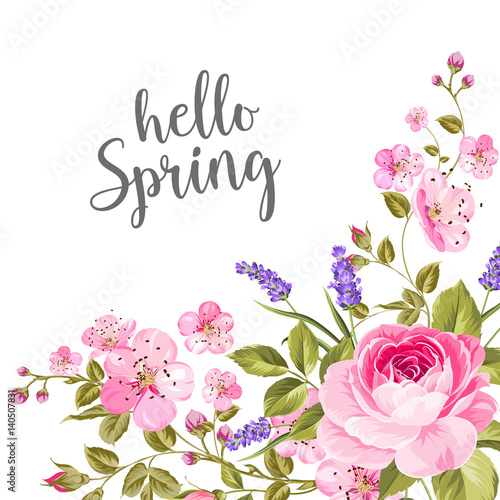 Blooming spring flowers garland of purple roses, sakura and lavender. Label with rose and lavender flowers. Vector illustration.
