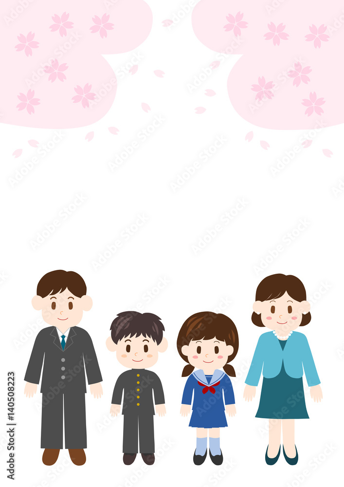 桜の花と家族のイラスト: 入学式の親子