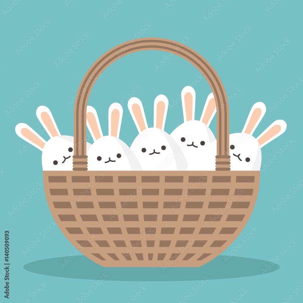 Fototapeta premium Happy easter conceptual illustration. Wicker basket full of easter bunnies / flat editable vector illustration, clip art