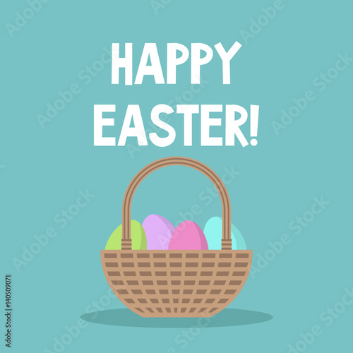 Happy easter conceptual illustration. Wicker basket full of painted eggs / flat editable vector illustration, clip art