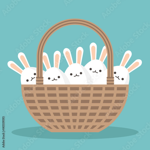 Happy easter conceptual illustration. Wicker basket full of easter bunnies / flat editable vector illustration, clip art