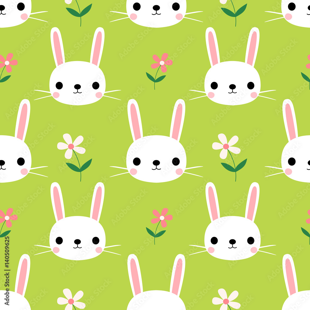 Cute seamless pattern with bunnies and flowers on green background for Easter and spring, for textile and paper