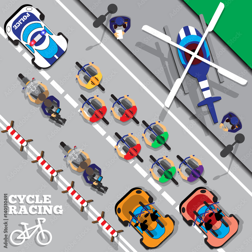 Cyclists group at professional race. View from above. Vector illustration.