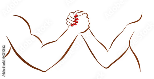 Arm wrestling of man and woman as a symbol for battle of the sexes or gender fight. Isolated vector illustration on white background.