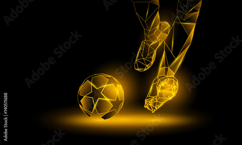 Soccer yellow neon background. Polygonal Football Kickoff illustration. Legs and soccer ball.