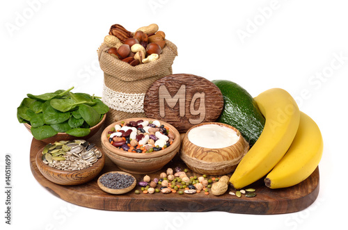 Foods containing magnesium on white background . Healthy diet eating concept.