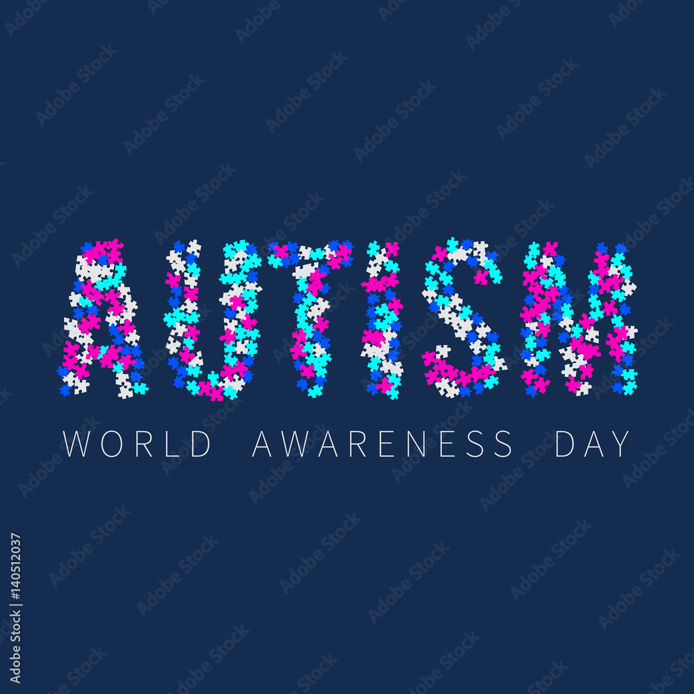 Autism awareness poster with word AUTISM made of colorful puzzle pieces on blue background. Solidarity and support symbol. Medical concept. Vector illustration.