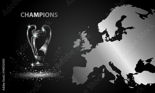 Champions Cup with a map. Chromed Soccer trophy.