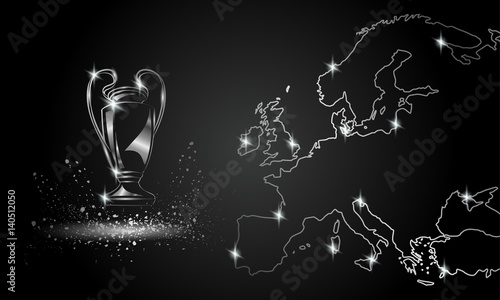 Photo Champions Cup with a linear map. Chromed Soccer trophy.