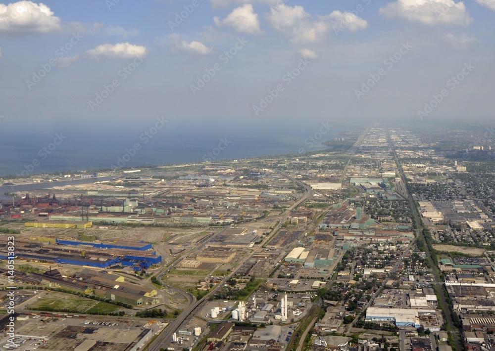 aerial view across the city of Hamilton along Lake Ontario, Ontario Canada