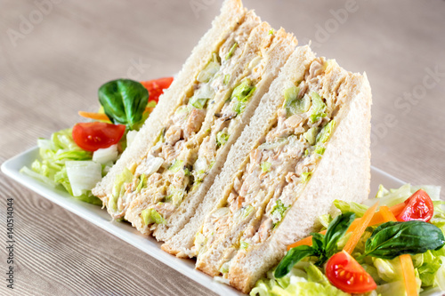 Chicken and mayonnaise sandwich slices.