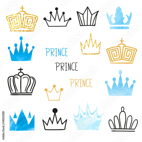 Set of doodle sketch watercolor crowns for design. Vector illustration.