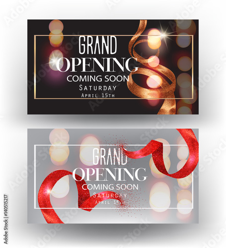Grand opening banners with curly sparkling ribbons, frames and blurred background. Vector illustration