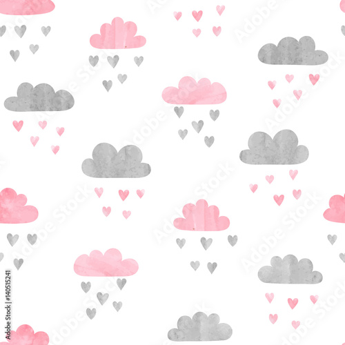 Seamless watercolor clouds pattern. Rain of hearts. Vector illustration.