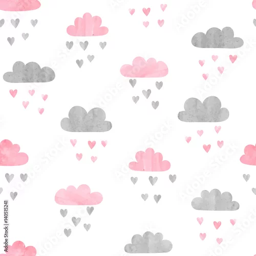 Tapety Wzór akwarela bezszwowe chmury. Deszcz serc. Ilustracji wektorowych.