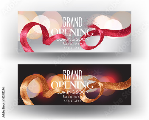 Grand opening horizontal banners with curly sparkling ribbons and blurred background. Vector illustration