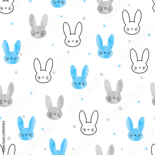 Seamless bunny pattern. Vector background with blue and grey rabbits.