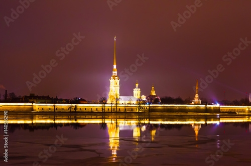 Peter and Paul Fortress at night in cloudy weather in St. Petersburg
