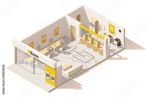 Vector isometric low poly bank interior