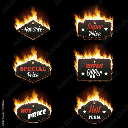 Set of six hot sale horizontal frames of different shapes surrounded with realistic flame isolated on black background. Burning fire light. Bonfire elements. Gradient mesh vector for your design