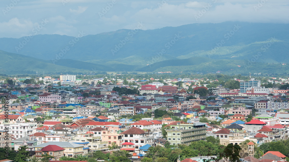 high angle view of Tachileik city. Big city for border trade to maesai city ( chiangrai, thailand ). Myanmar.