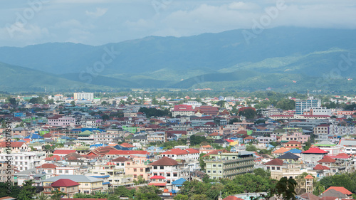 high angle view of Tachileik city. Big city for border trade to maesai city ( chiangrai, thailand ). Myanmar. © MemoryMan