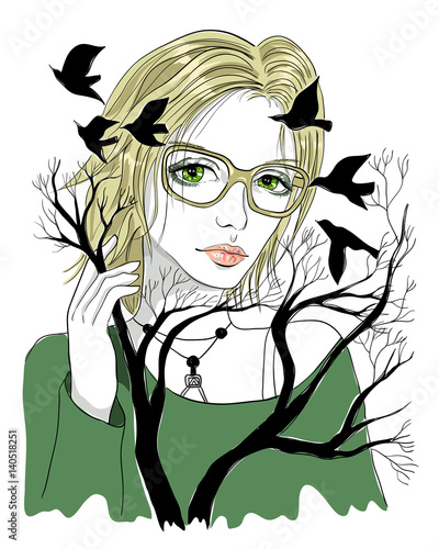 Beautiful girl with blonde hair and glasses. Trees and flying birds. Fashion Illustration
