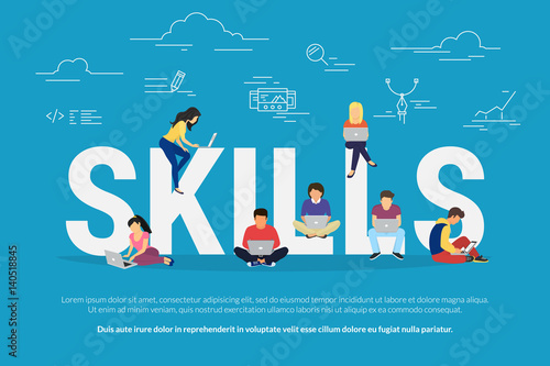 Skills development concept vector illustration of business people using devices for hard work and professional growth. Flat concept of professionals using laptop for creative work and self-development