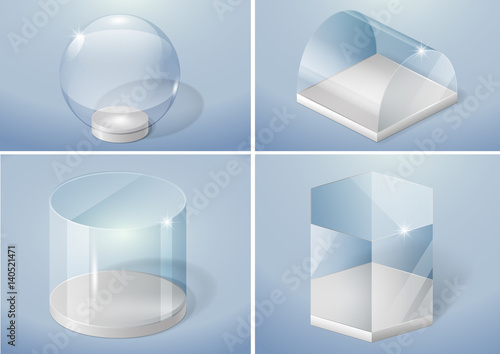 Set of glass forms of sphere, prism, arch and cylinder. Vector graphics with transparency effect
