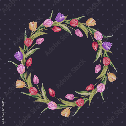 Wreath of multicolored tulips on vintage dark background in watercolor style