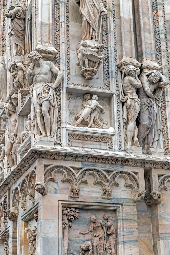 Detail from facade of the famous Milan Cathedral, Italy