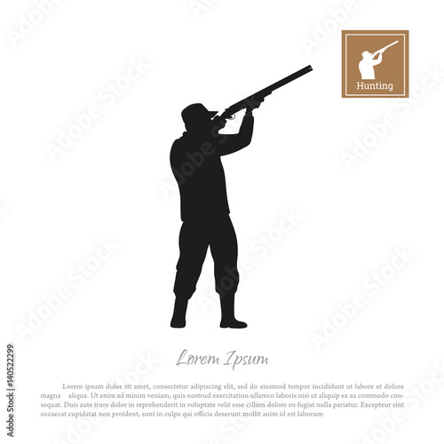 Black silhouette of a hunter on a white background. Man shooting a gun