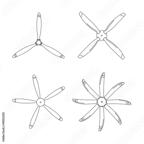 Set of aircraft screw in outline style. Airplane propellers on white background