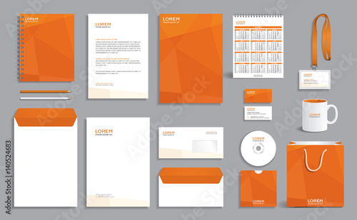 Business stationery set template, corporate identity design mock-up with orange polygonal pattern