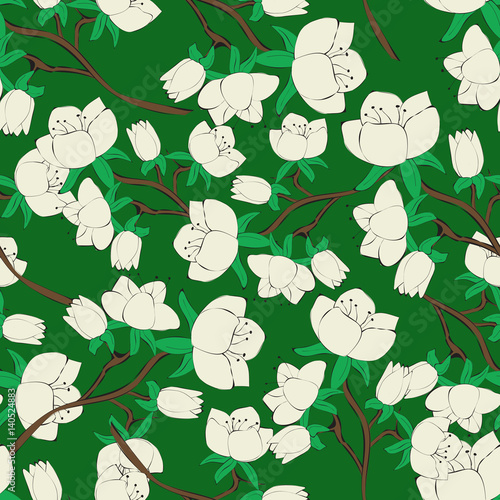 Seamless green pattern with flowers