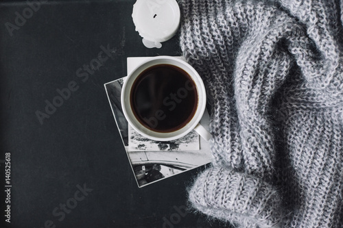 Flatlay of winter sweater and coffee