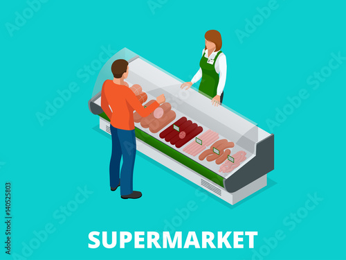 Man chooses sausages in the store. Sausages and fresh meat in shop showcase isometric vector illustration. Meat products on supermarket shelves.
