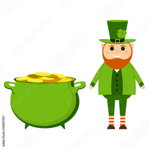 Cartoon leprechaun on St. patrick s day with a pot of gold coins