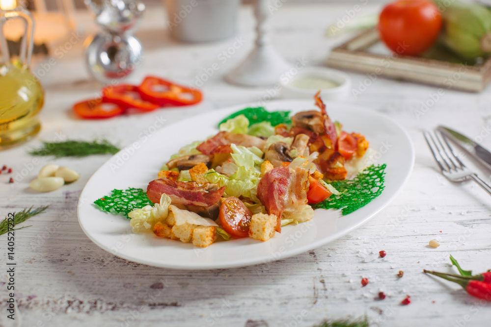 Salad with bacon mushrooms greens and cherry Salad with bacon mushrooms greens and cherry