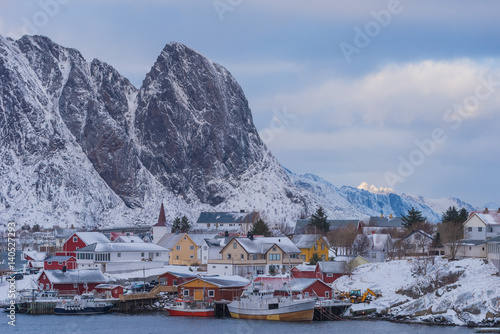 snow in Reine Village, Lofoten Islands, Norway