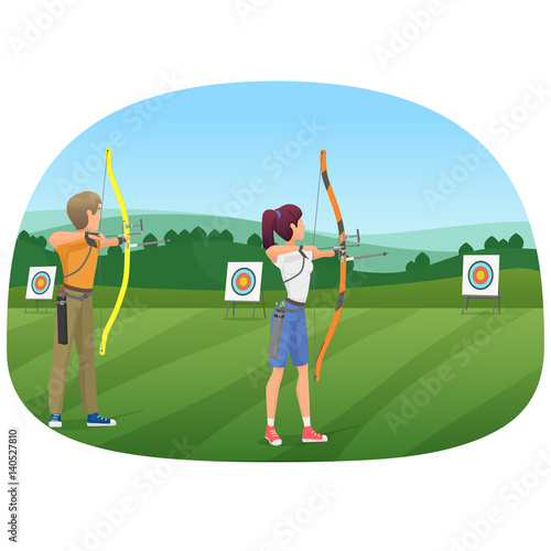 Man and woman standing with bows and aiming to the target vector illustration.