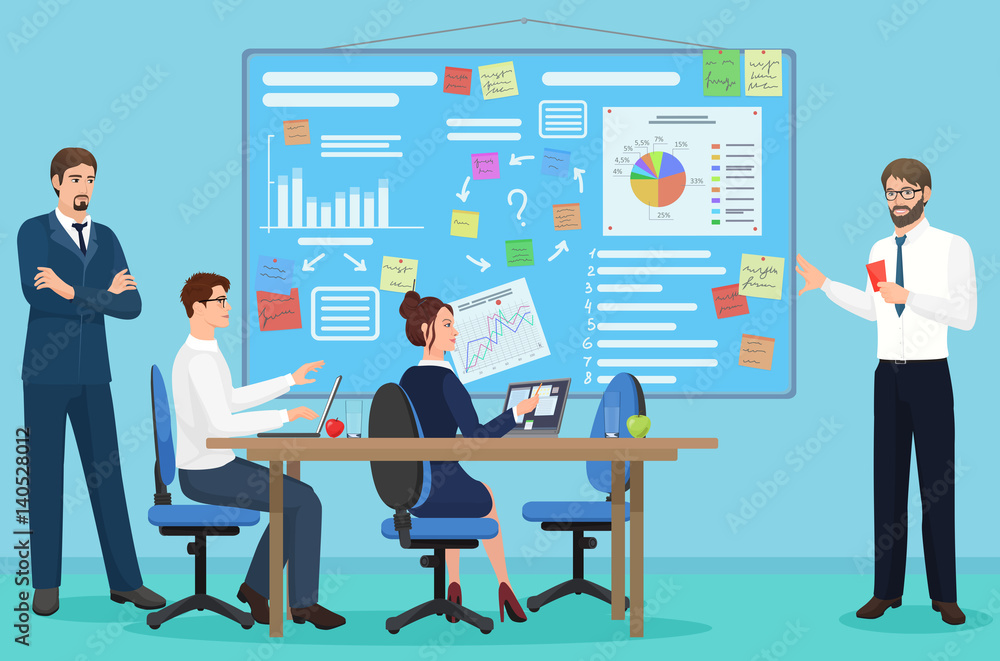 Concept of the coworking center. Business presentation meeting. People talking and working together in the open space office. Vector illustration. Concept of the coworking center. Business presentation meeting. People talking and working together in the open space office. Vector illustration.