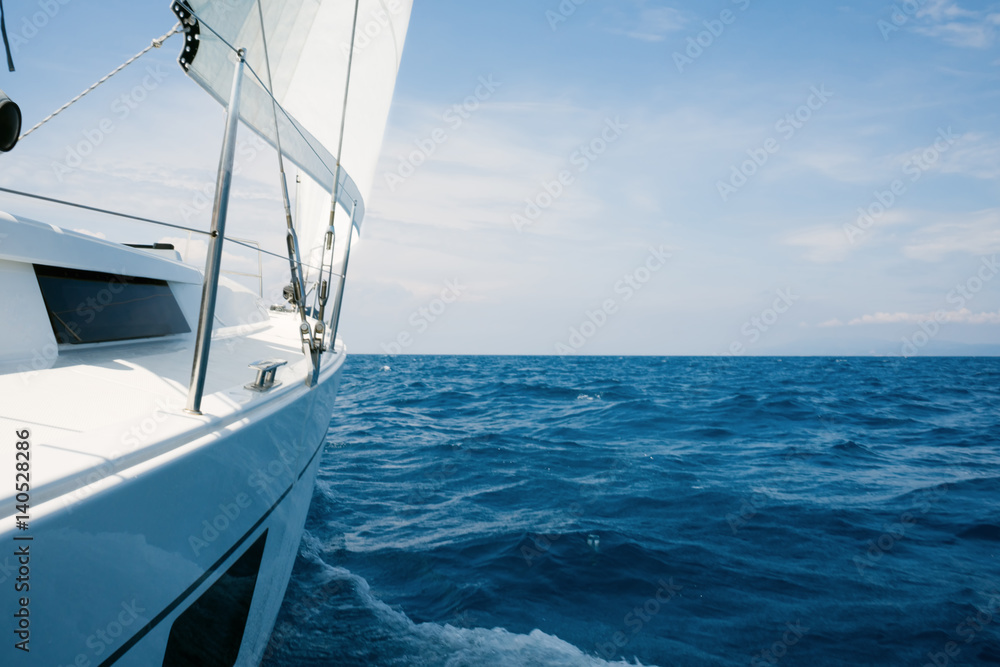 Fototapeta premium Beautiful yacht in open sea. Traveling, yachting, sailing concept.