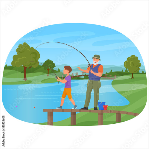 Young boy standing on a pier with grandfather and fishing. photo